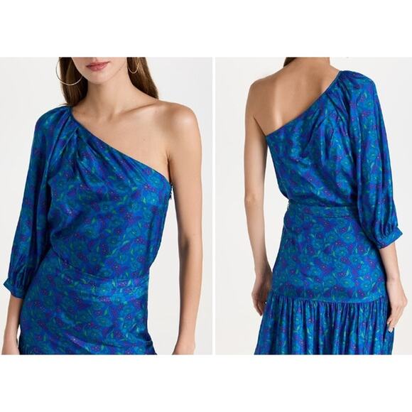 Veronica Beard Lyric Top in Cobalt Floral One Shoulder Blouse - Picture 1 of 10